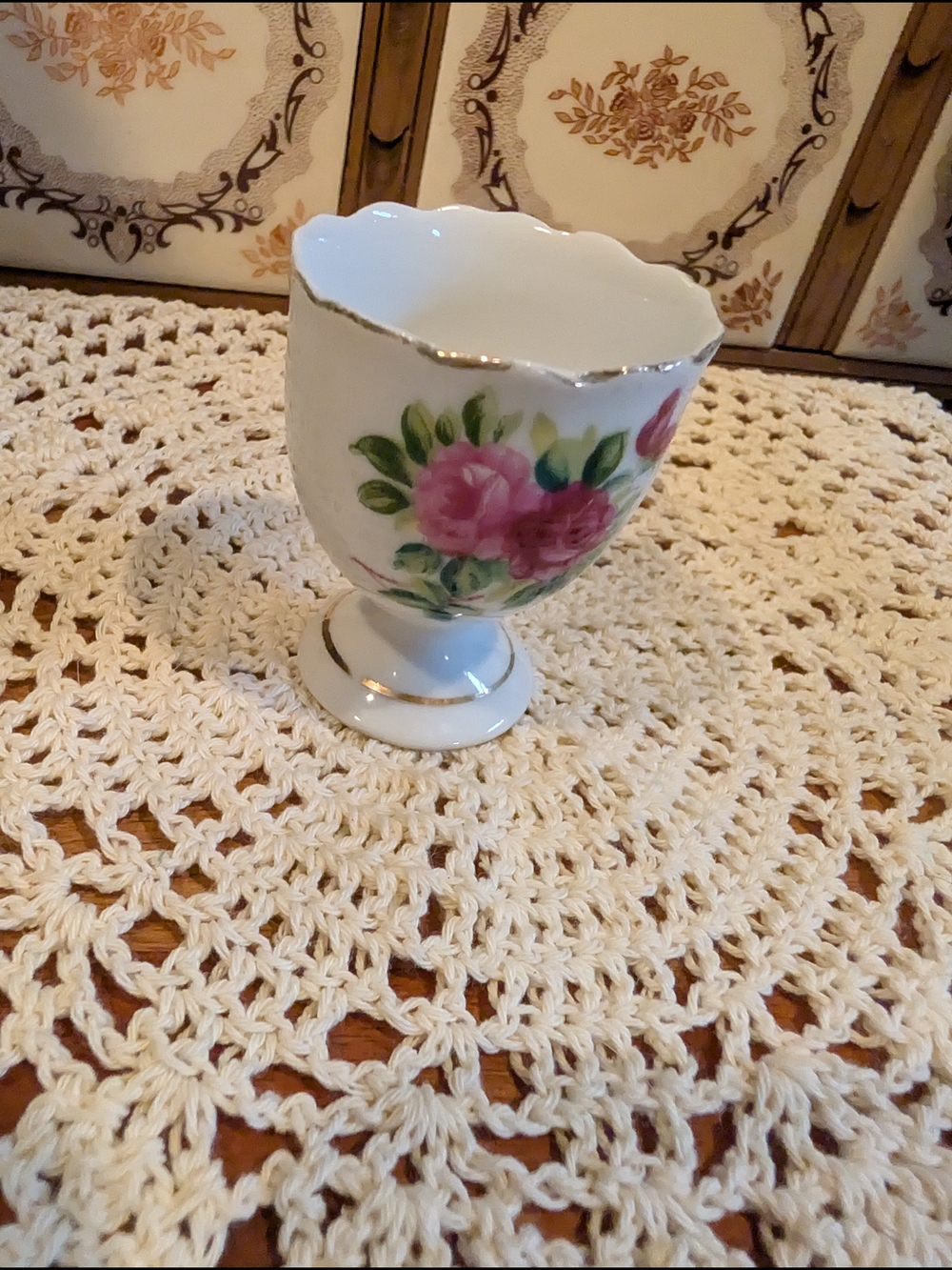 Porcelain Pedestal Egg Cup with Pink Rose Design and Gold Trim